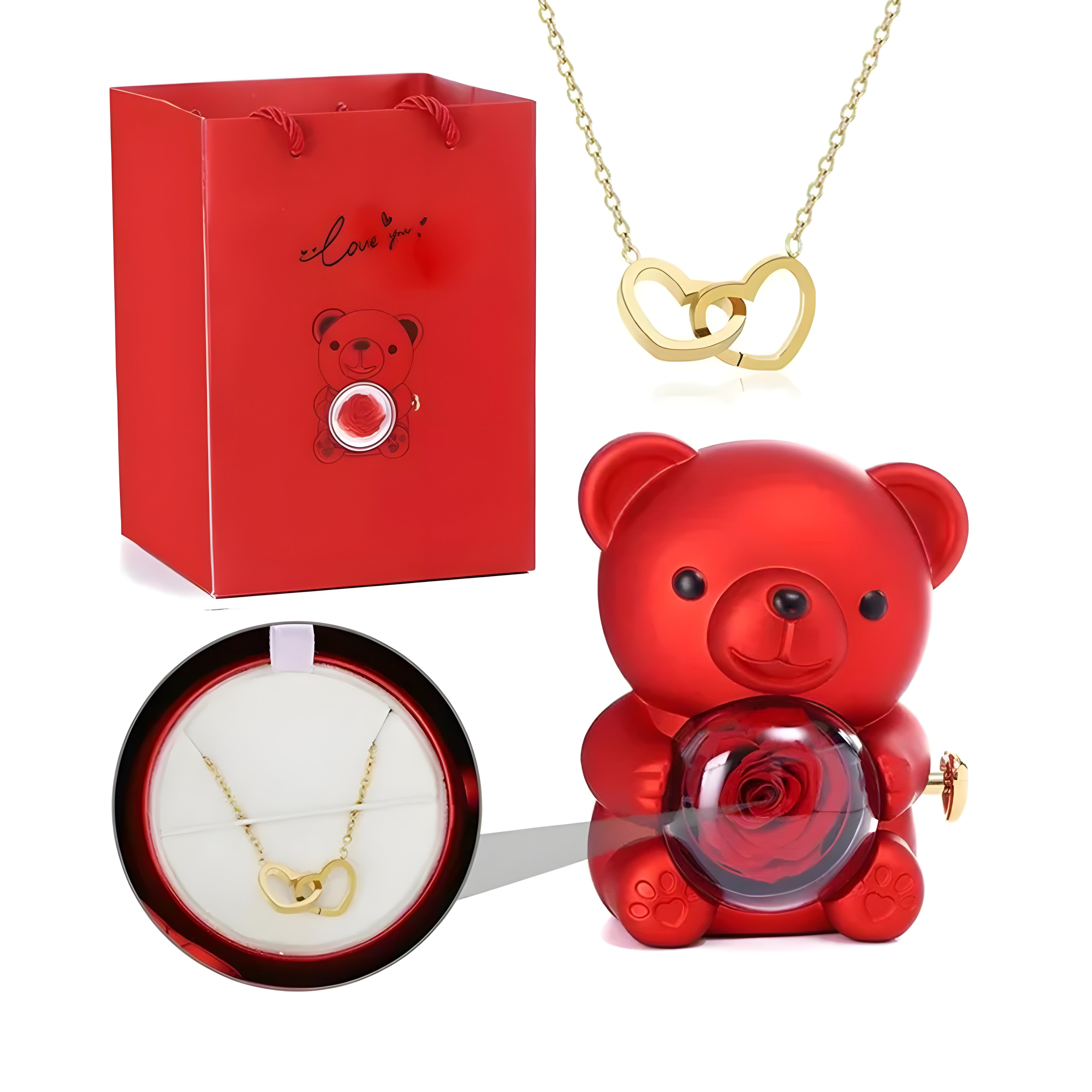 Eternal Rose + Bear Box + Double Heart Necklace